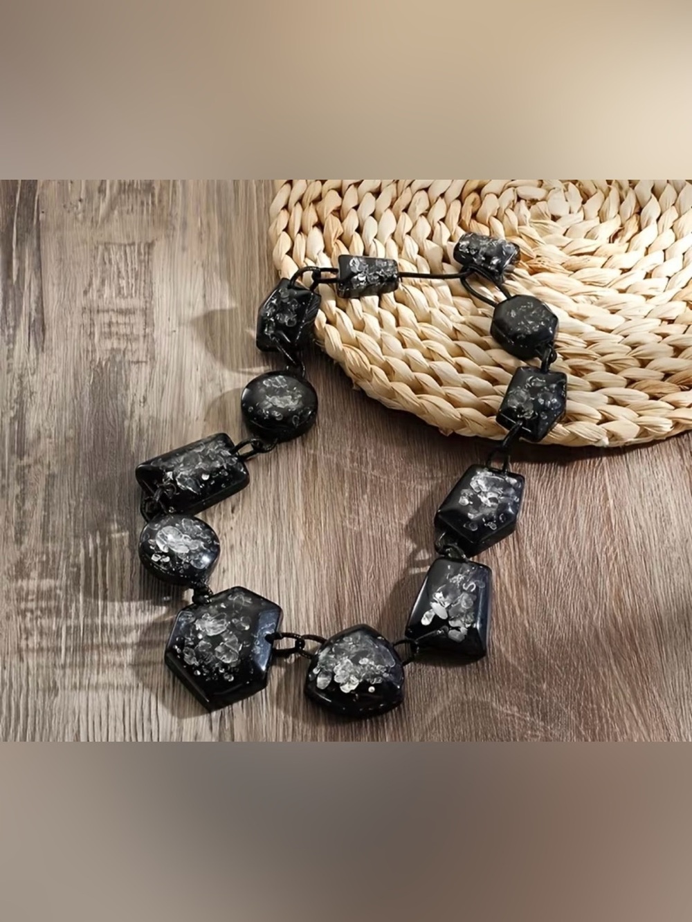 Black Resin Statement Necklace with Textured White Inlay
